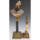 Brass, copper and gilt metal Corinthian column oil lamp together with a smaller table lamp, height