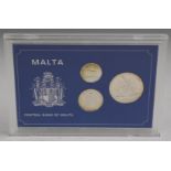 Central Bank of Malta cased three silver coin set in perspex case, 48g