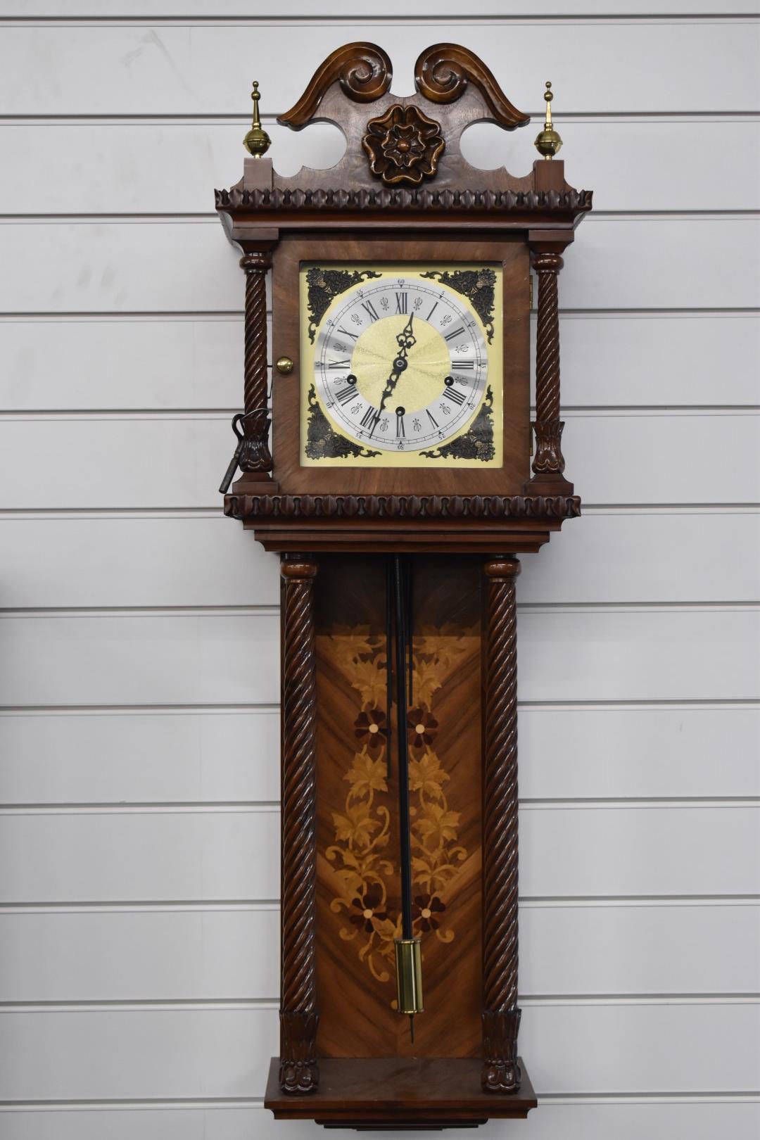 Late 20thC German pillar wall clock with three train chiming movement, carved marquetry inlaid