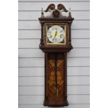 Late 20thC German pillar wall clock with three train chiming movement, carved marquetry inlaid