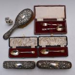 Two cased hallmarked silver teaspoons, cased hallmarked silver fork and spoon, hallmarked silver