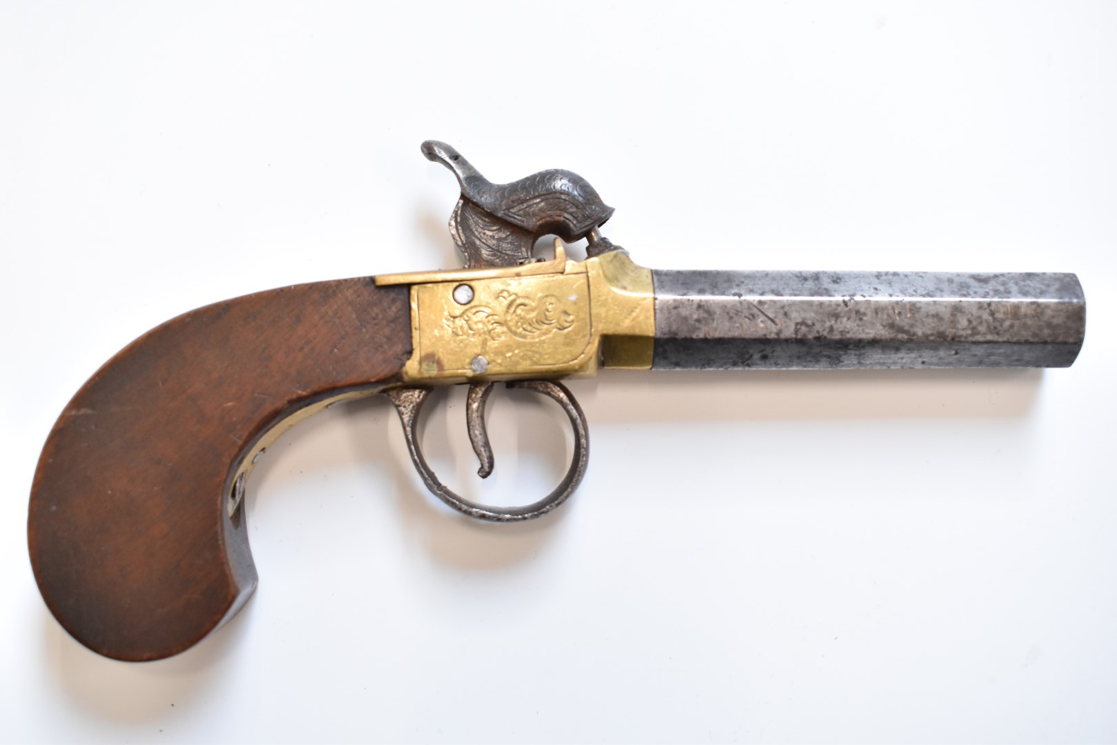 Unnamed single barrel percussion hammer action pocket pistol with engraved brass frame and top - Image 2 of 7