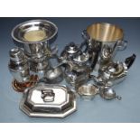 Silver plated ware including two champagne buckets (height of taller 26cm), two cocktail shakers,