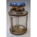 George V hallmarked silver and guilloché enamel three bottle scent bottle set, Birmingham 1912,