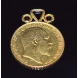 Edward VII 1903 gold half sovereign with pendant mount, 4.3g