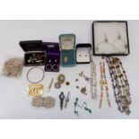 A collection of costume jewellery including agate and other necklaces, earrings, etc