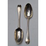 Pair of George II bottom hallmarked silver Hanoverian pattern table spoons, marks indistinct but
