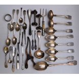 Victorian and later hallmarked silver teaspoons, napkin ring etc, weight 129g, plated basting spoon,
