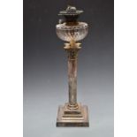 Silver plated Corinthian column oil lamp with cut glass reservoir and Hink's no 2 Patent Burner,