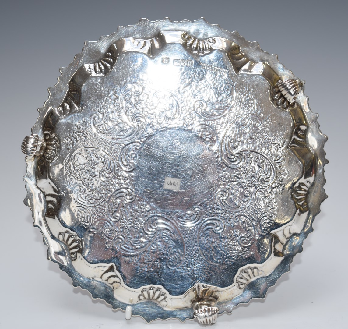 Victorian Goldsmiths Company hallmarked silver card tray or salver with engraved decoration, - Image 2 of 3