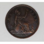 Queen Victoria 1862 older young head penny, beaded border, VF