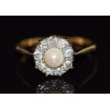 Victorian ring set with a natural pearl surrounded by old cut diamonds, size R, 3.3g