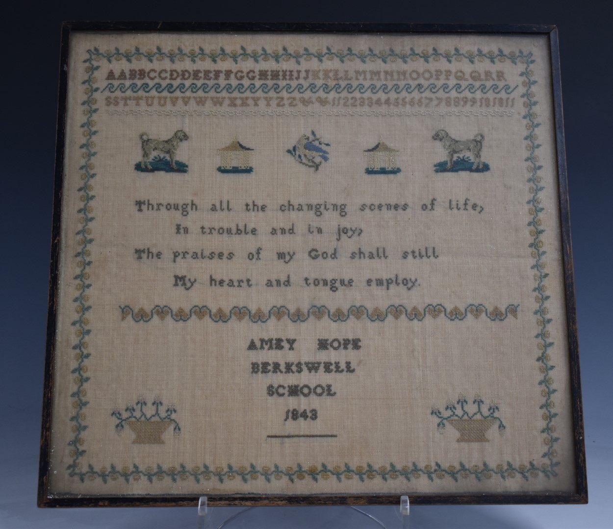 Victorian embroidery/ sampler by Amey Hope, Berkswell School, near Coventry, 1843, 34 x 35cm