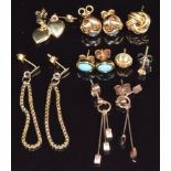 Three pairs of 9ct gold earrings and other earrings, 9g