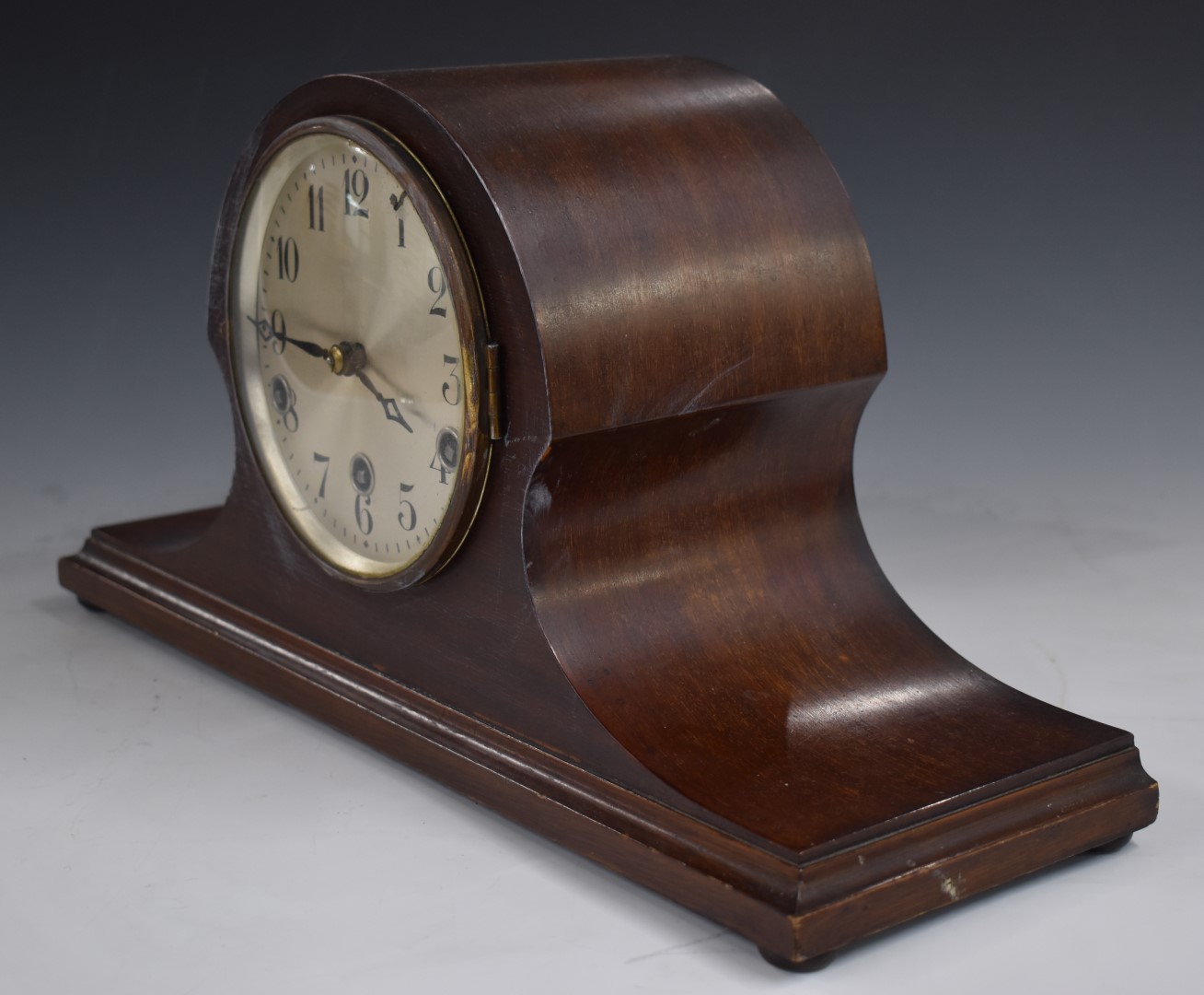 A c1930 DRP Deutches Reichs Patent mantel clock in Napoleon hat style mahogany case, three train - Image 3 of 6