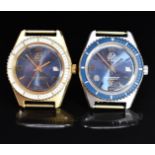 Two Gisa gentleman's diver's style wristwatches each with date aperture and blue dial, one with gold