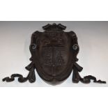 19th or early 20thC continental bronze armorial finial or plaque with scrolling decoration, H42cm