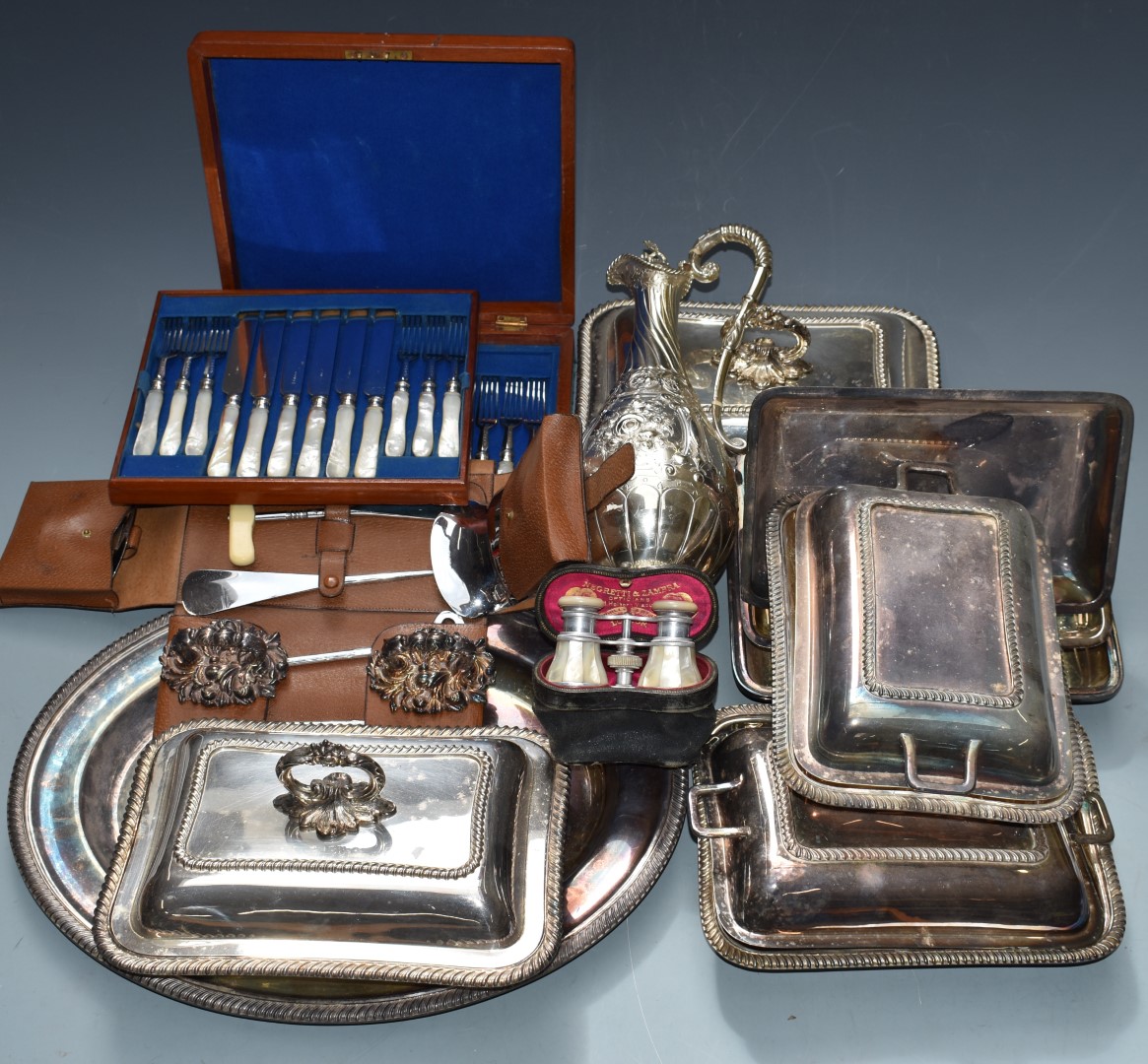 Silver plated ware including a claret jug, tray, entrée dishes including Elkington, two 'from the - Image 2 of 4