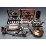 Silver plated ware including a spirit kettle, retriever with duck, teaware, cutlery, lighters,