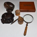 Lignum Vitae string holder in the form of a barrel with cutter, treen pestle and mortar, Brown and