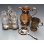 Old Sheffield plate triple decanter stand with cut glass decanters, hallmarked silver hand mirror,