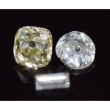 A loose cushion cut yellow diamond (0.16g), a loose round cut diamond (0.08g) and a loose baguette