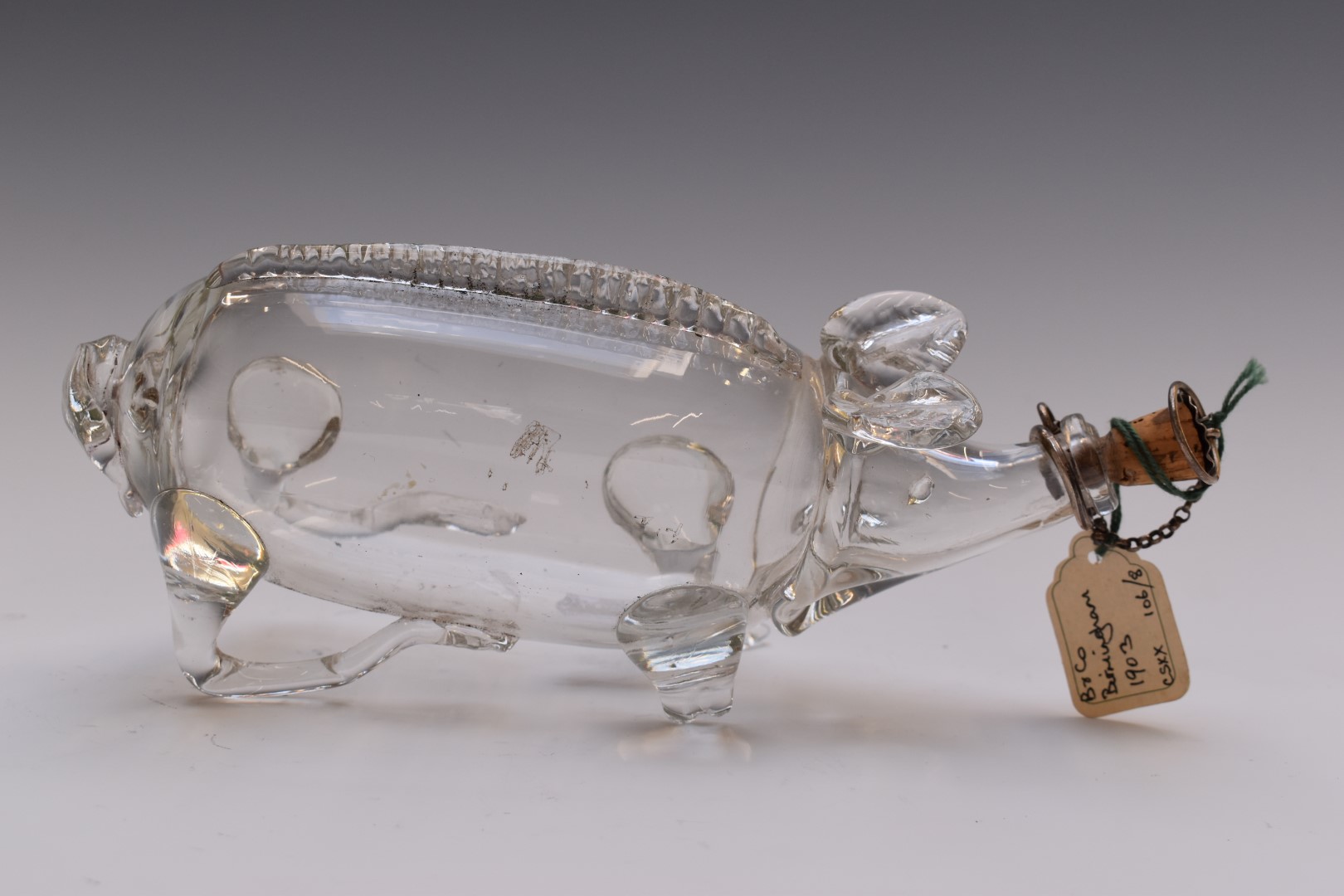 Edward VII glass novelty pig decanter or gin pig with hallmarked silver mounted stopper, - Image 2 of 3