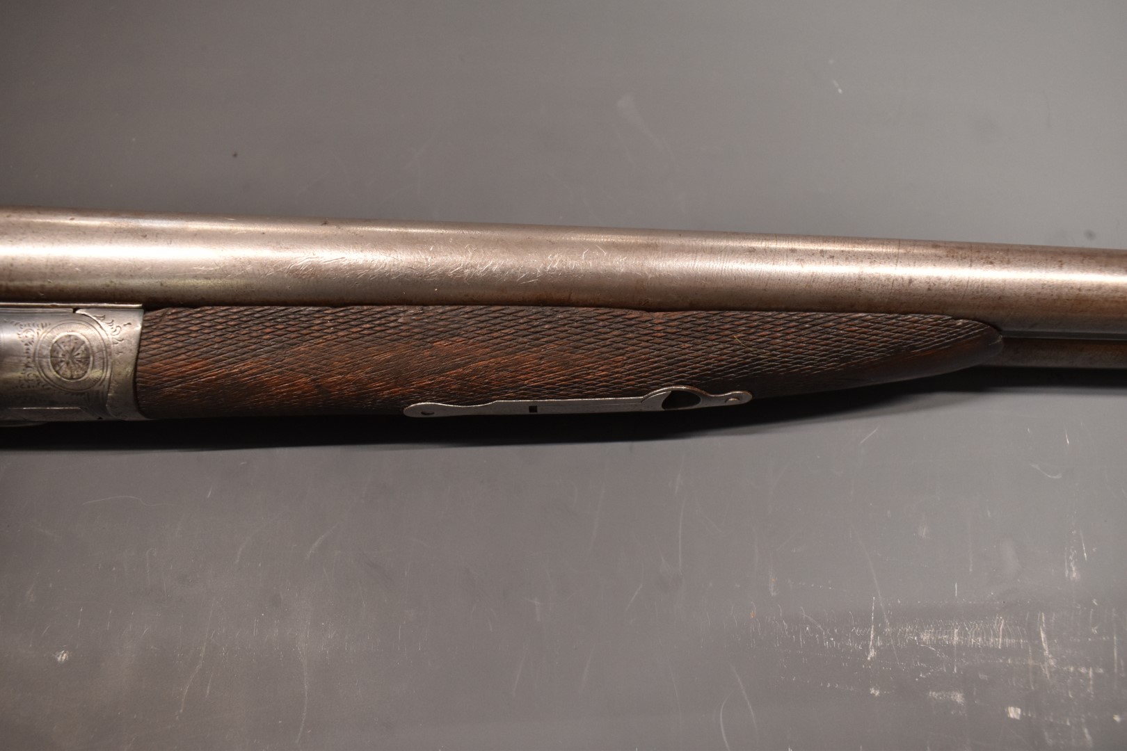 English 12 bore side by side hammer action shotgun with engraved locks, stylised hammers, trigger - Image 5 of 11