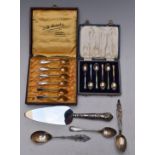 Cased set of hallmarked silver and guilloché enamel coffee spoons, cased set of white metal spoons