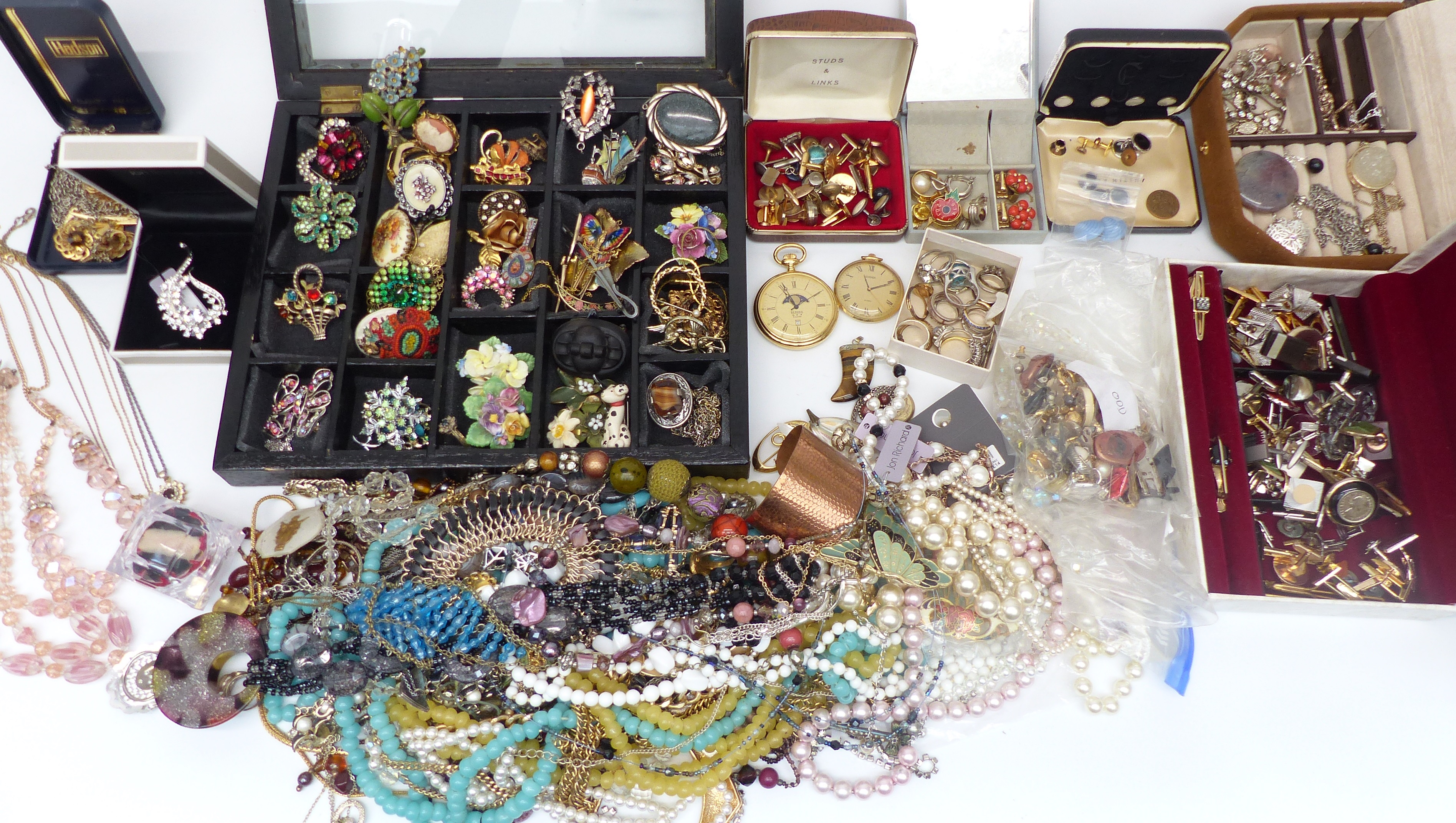 A collection of costume jewellery including earrings, brooches including vintage, micro mosaic,