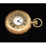 Continental 18ct gold keyless winding open faced pocket watch with blued hands, black Roman