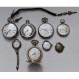 Three silver cased pocket watches including keyless winding example, two further pocket watches, and