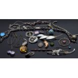 A collection of jewellery including silver chain, silver and enamel brooch, gemstones, enamel