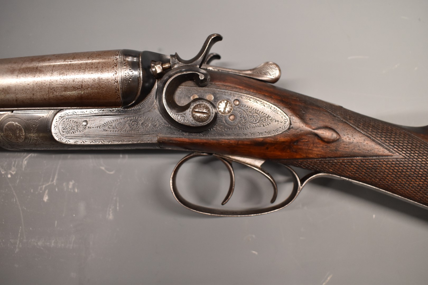 English 12 bore side by side hammer action shotgun with engraved locks, stylised hammers, trigger - Image 7 of 11