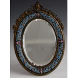 19thC champlevé enamel bevelled glass easel back bronze mirror with scrolling garland finial,