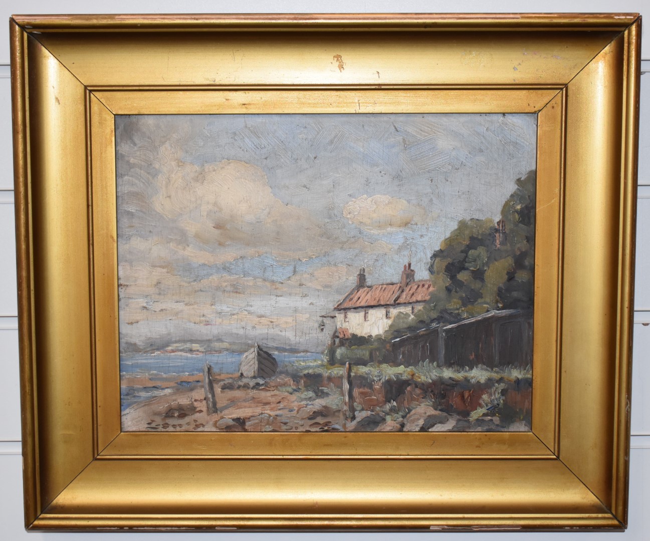 Early 20thC impressionist oil on board coastal landscape with beached boat by a cottage with - Image 2 of 3