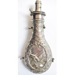 James Dixon and Sons quick loading fireproof plated powder flask decorated with a stag at bay in a