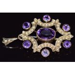 Edwardian 15ct gold pendant/ brooch set with amethysts and seed pearls, 4.3g, 3.8 x 2.5cm