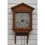 19thC longcase clock movement, dial, weight and hood, in pine case, painted Roman numerals, eight