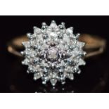 A 9ct gold ring set with diamonds in a cluster, total diamond weight approximately 0.1ct, 1.9g, size