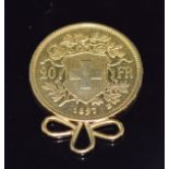 Swiss 1897 20 FR gold coin with pendant mount, 6.8g