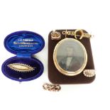 A 15ct gold brooch set with pearls, Victorian locket set with daguerreotype, 9ct gold horseshoe