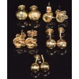 Five pairs of 9ct gold earrings, 6.2g