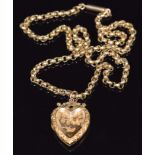 A 9ct gold necklace made up of faceted links and a 9ct back and front heart locket with swallow