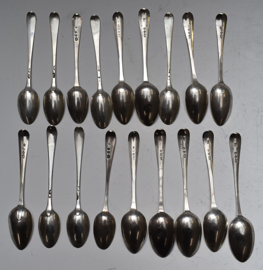 Eighteen Georgian bright cut hallmarked silver teaspoons, including a set of six bottom hallmarked - Image 2 of 6