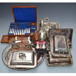 Silver plated ware including a claret jug, tray, entrée dishes including Elkington, two 'from the
