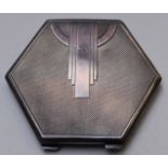 Art Deco George V hallmarked silver hexagonal compact, Birmingham 1932, maker Adie Brothers, width