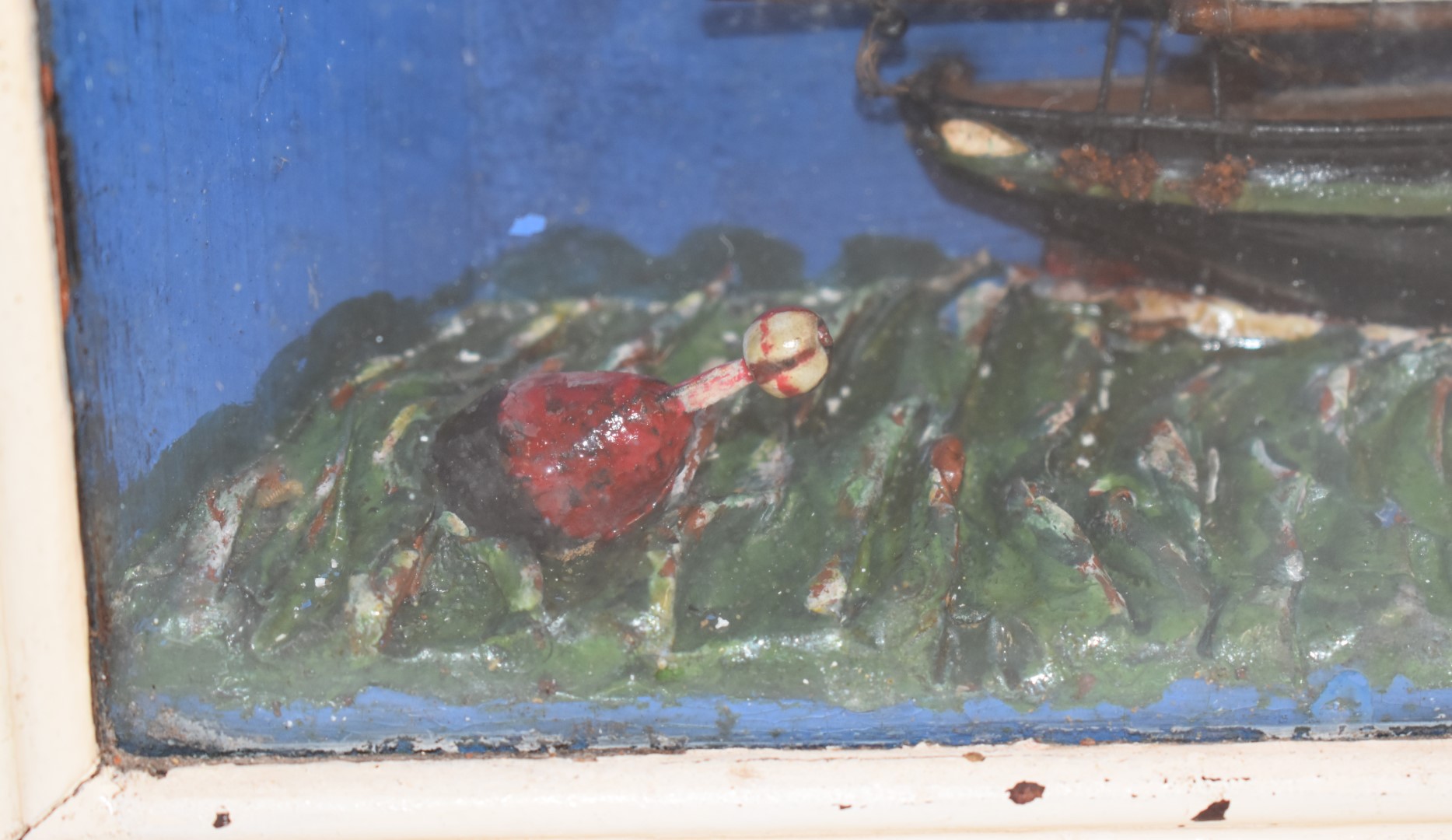 A 19thC diorama of two sailing ships, probably painted metal, in glazed case, 31x38cm - Image 4 of 6