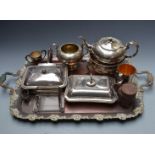 Silver plated ware including large twin handled tray, L77cm, two warming dishes, serving dishes,