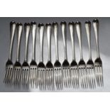 Set of twelve Georgian hallmarked silver table forks, with bright cut decoration, London 1786, maker